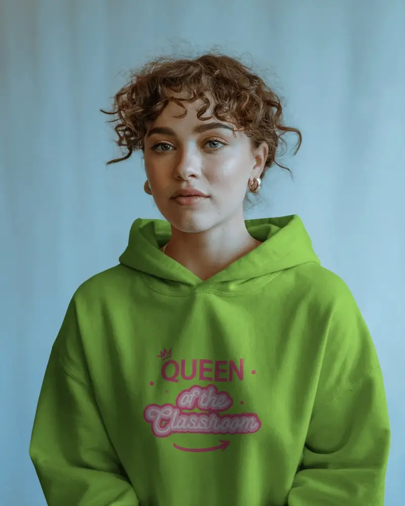 Front Facing Hoodie Mockup Young Female Model With Curly Hair In Soft Lighting Against Cool Blue Background 0596