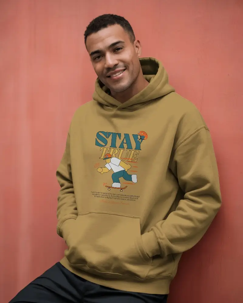 Cheerful Outdoor Hoodie Mockup Male Model Smiling Casually Against Warm Coral Wall In Natural Light 0599