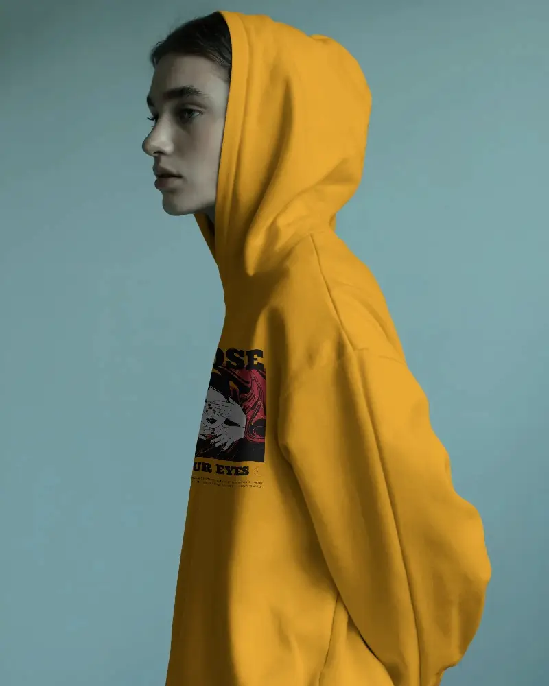 Minimalist Hoodie Mockup With Female Model In Side Profile Against Pastel Blue Backdrop For Contemporary Brand Appeal