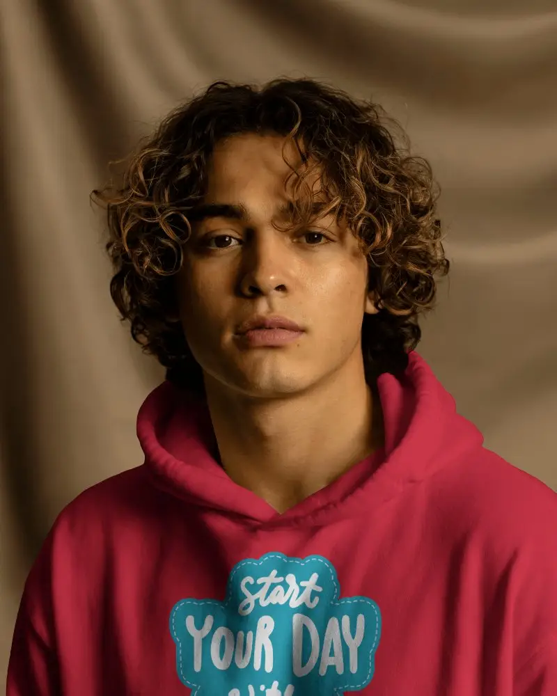 Fashion Portrait Hoodie Mockup Young Man With Curly Hair