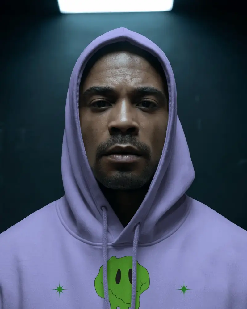 Cinematic Hoodie Mockup Dark Toned Studio Portrait Of Hooded Male Model