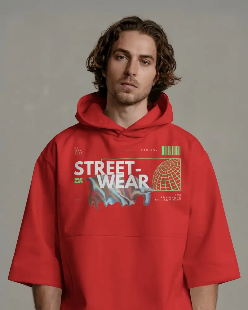 Streetwear Hoodie Mockup Relaxed Fit Half Sleeve Hoodie On Male Model