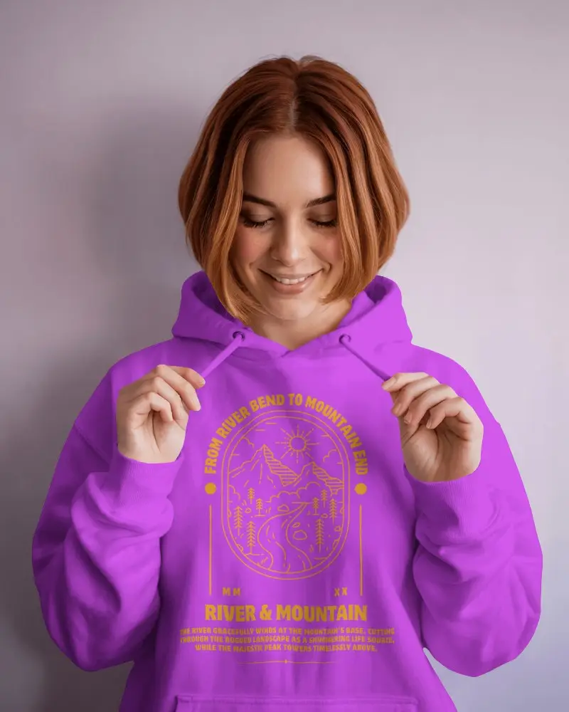 Front View Hoodie Mockup Girl Smiling And Holding Strings In Minimal Studio Setting