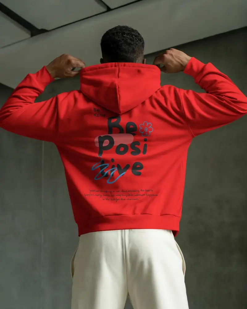 Back View White Hoodie Mockup Male Model Lifting Hood In Modern Concrete Interior Athletic Pose With Minimal Urban Style