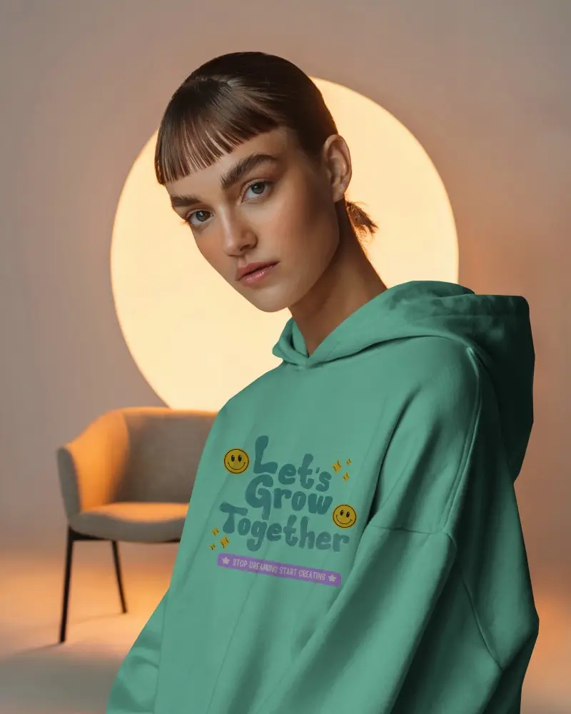 White Hoodie Mockup Female Model With Bangs Warm Studio Lighting Minimalist Interior Design On Front