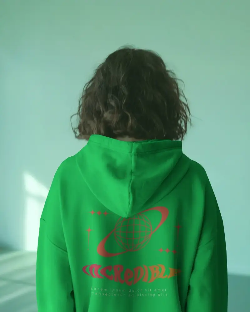 Back View White Hoodie Mockup On Person Curly Hair Green Room Light Shadow Effect Design Template Back Print
