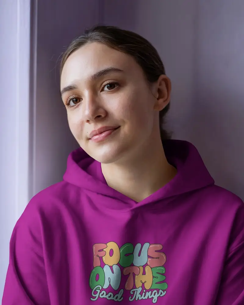 Close Up White Hoodie Mockup Female Model Relaxed Pose Purple Wall Soft Light Front Design View