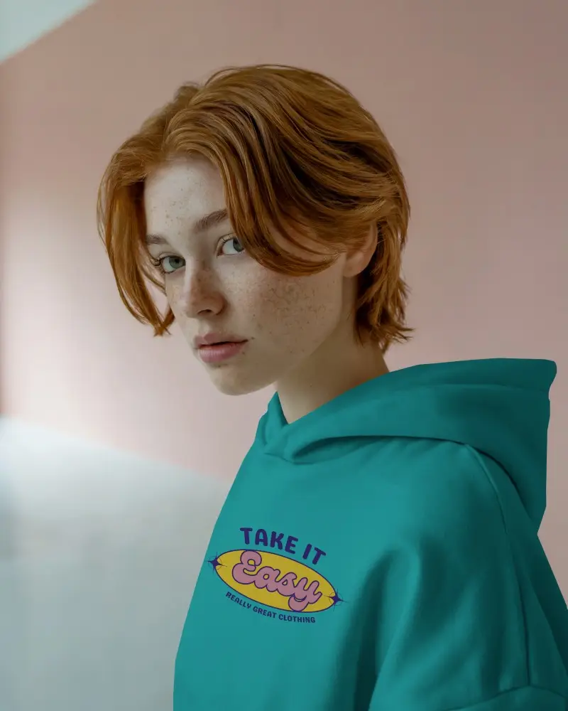 Moody White Hoodie Mockup Young Woman Red Hair Pink Blue Gradient Background Side Gaze Soft Lighting Design On Chest