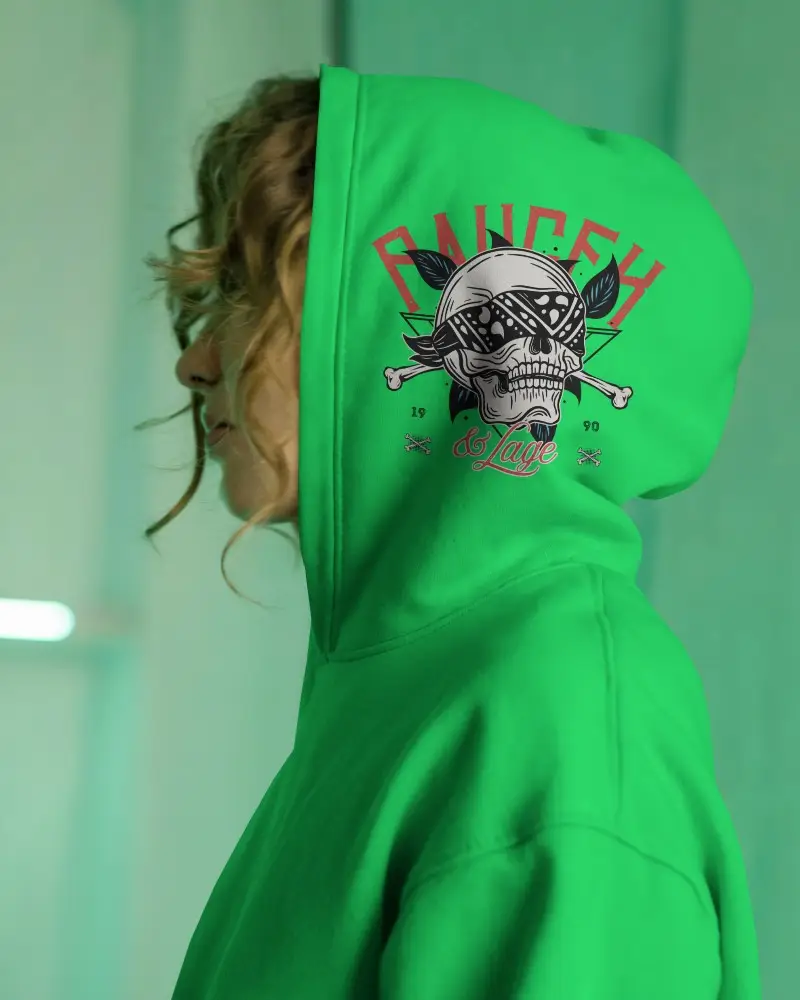 White Hoodie Mockup Side Profile Female Model Hood Up Design On Hood Close Up Soft Green Background Realistic Fabric Folds