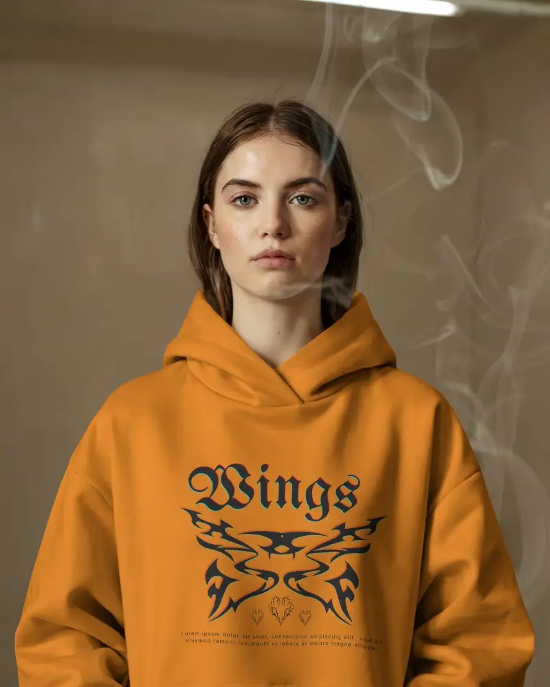 White Hoodie Mockup Front View Woman Facing Forward Subtle Steam In Air Neutral Background Focus On Chest Design Relaxed Casual Style