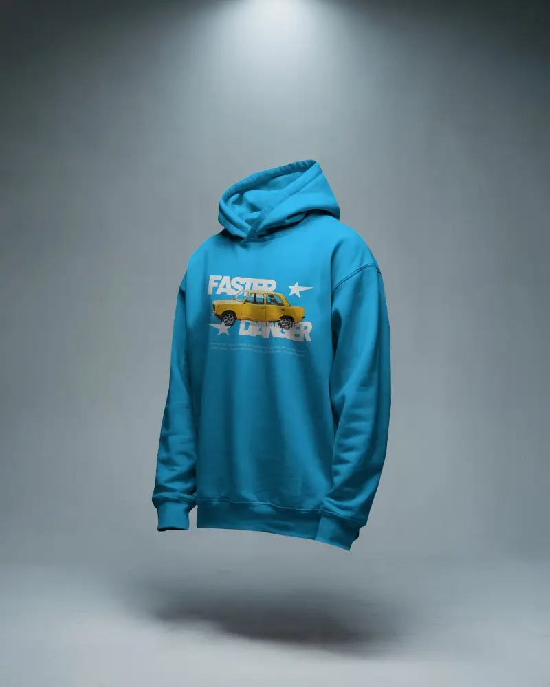 White Hoodie Mockup Floating Front View Spotlight On Blue Background Minimalist Studio Scene Isolated Product Display Realistic Texture Design Placement Centered