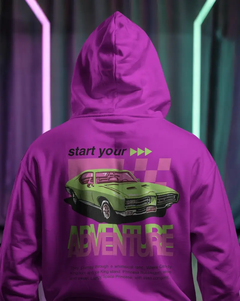 White Hoodie Mockup Back View Colorful Neon Light Background Moody Atmosphere Urban Style Design Centered On Back Realistic Texture