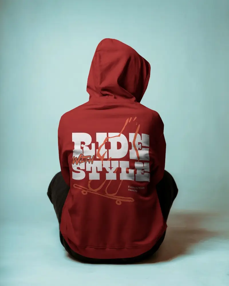 Studio Lit Back View Hoodie Mockup Person Sitting On Floor In Minimal Blue Setting Casual And Focused Design Displayv