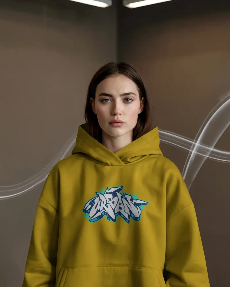 Moody Indoor Hoodie Mockup Female Model Front View Soft Lighting With Subtle Smoke Lines Modern And Minimal Style