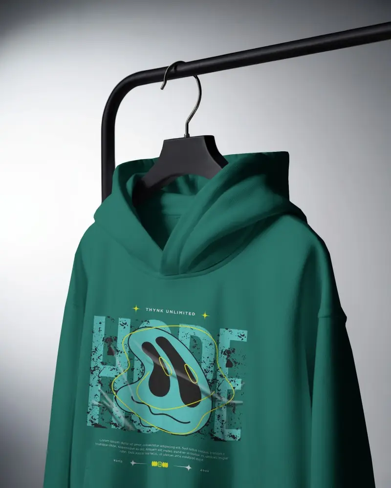 Studio Hanger Hoodie Mockup White Garment On Black Metal Rack With Gradient Lighting