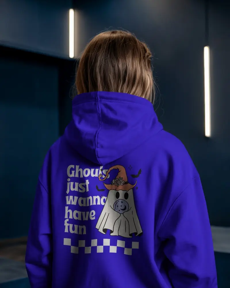 Moody Interior Hoodie Mockup Female Model Back View Against Deep Blue Wall With Vertical Lights Urban Vibe