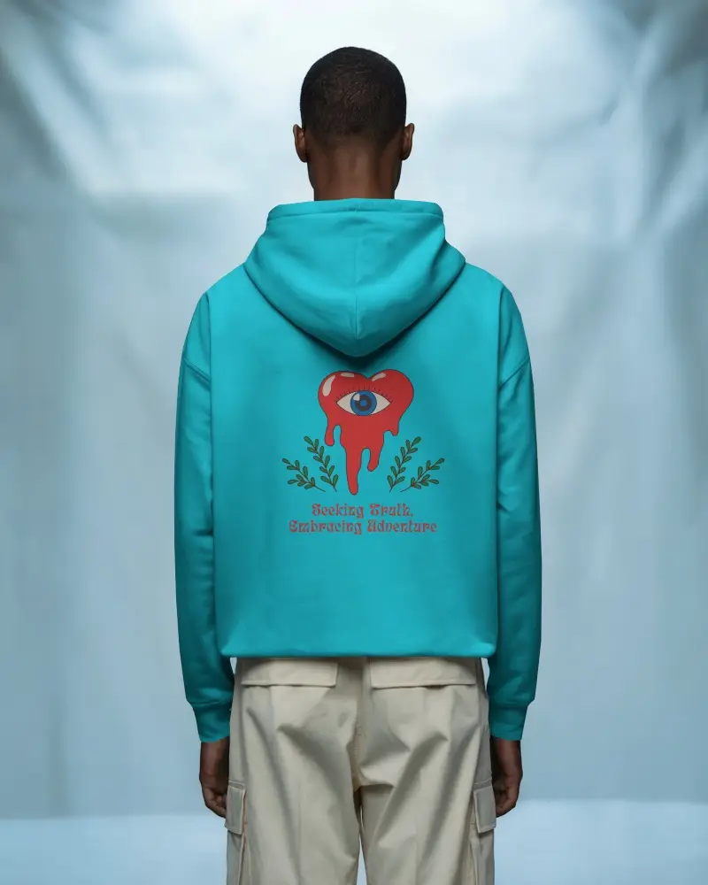 Back View Hoodie Mockup Male Model In White Hoodie On Soft Blue Studio Background