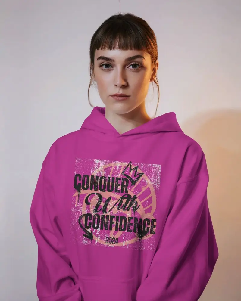 Front View Hoodie Mockup Female Model In White Hoodie Under Soft Dual Lighting