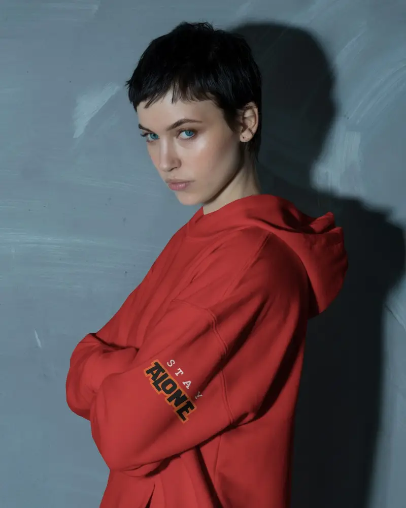 Side View Hoodie Mockup Female Model With Short Hair And Sleeve Design Highlight