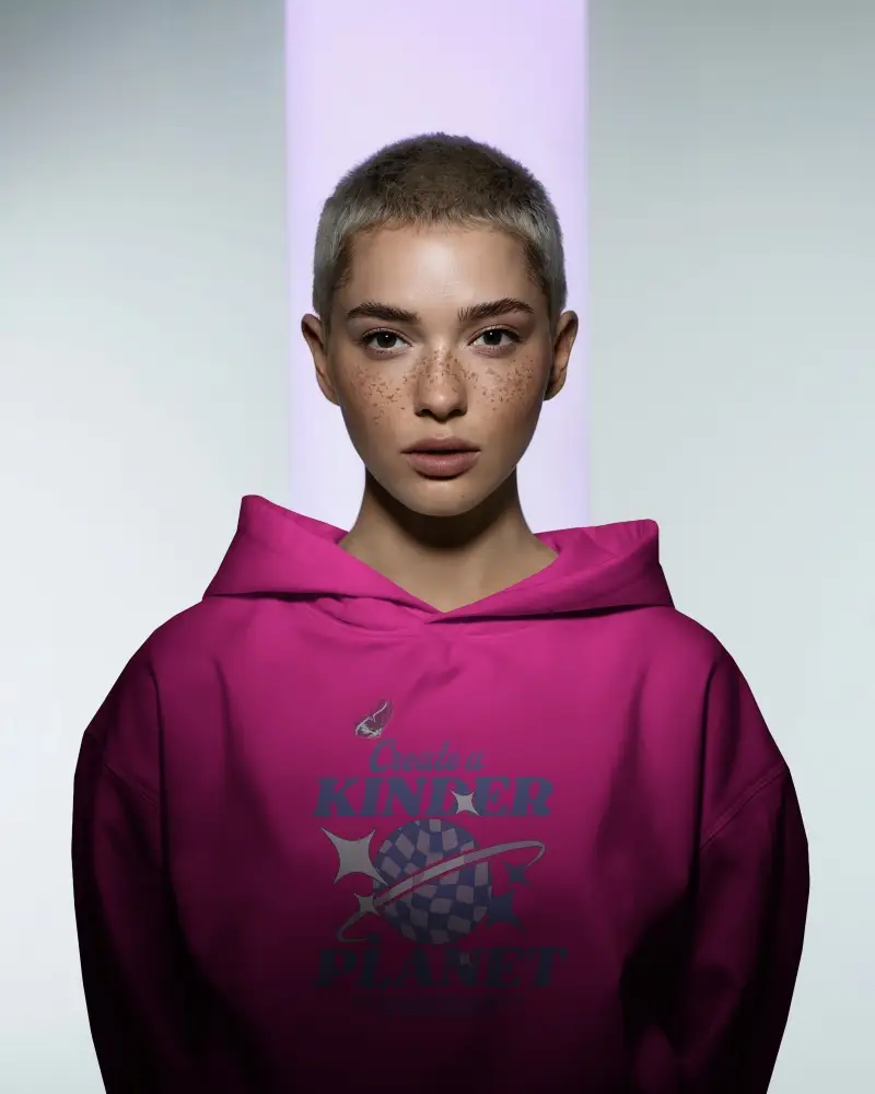 Front View Hoodie Mockup Female Model With Freckles Under Violet Studio Light