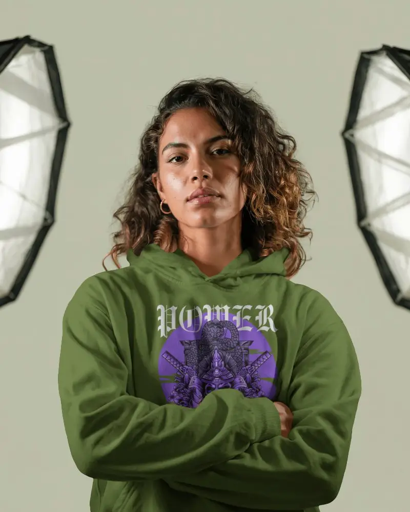 Studio Fashion Hoodie Mockup Strong Female Model Front Facing Lighting Setup