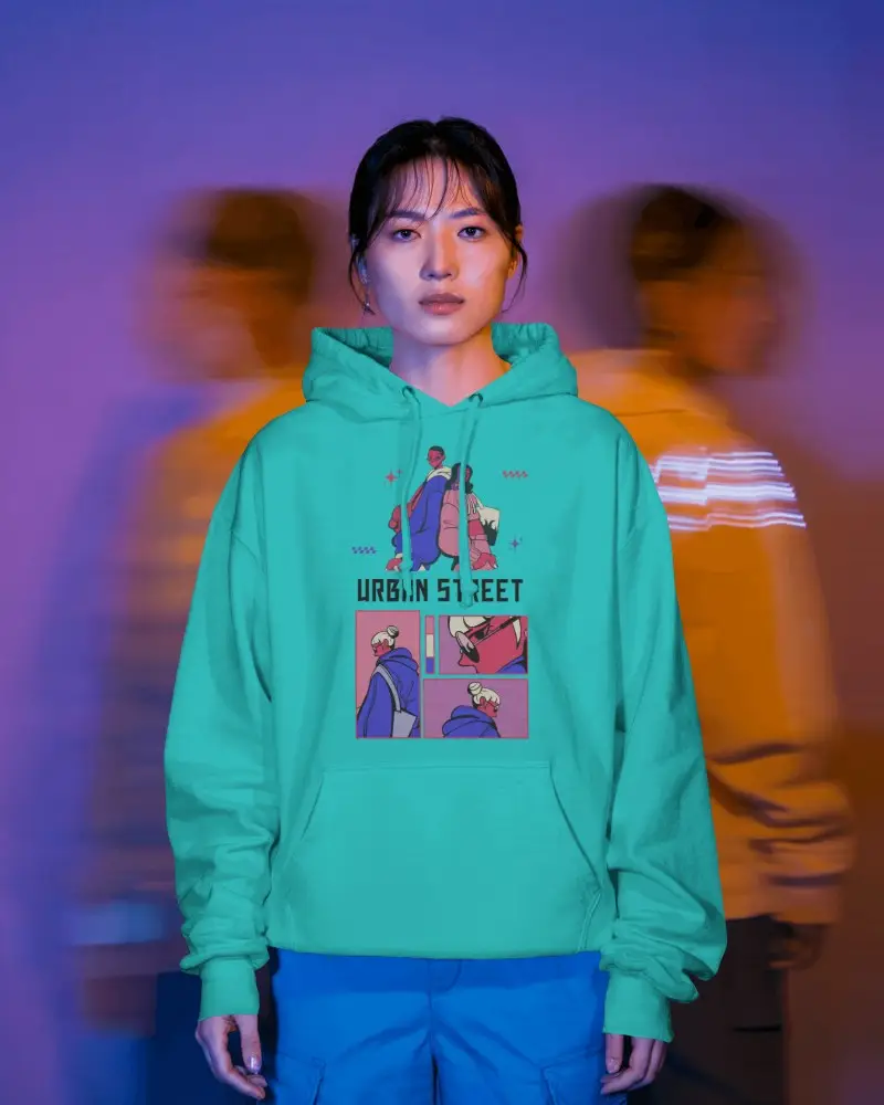 Cinematic Studio Hoodie Mockup With Motion Blur And Vibrant Colors