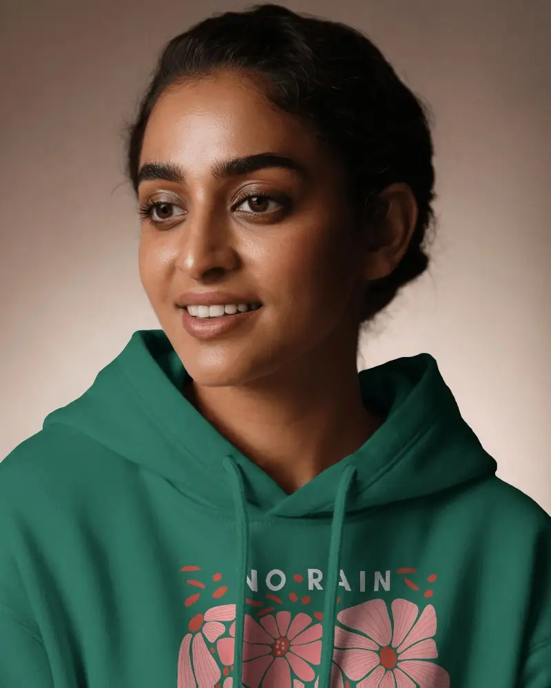 Closeup Woman In White Hoodie Mockup Smiling In Warm Neutral Light