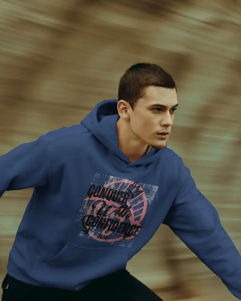 Sporty White Hoodie Mockup Young Man In Motion Outdoor Scene