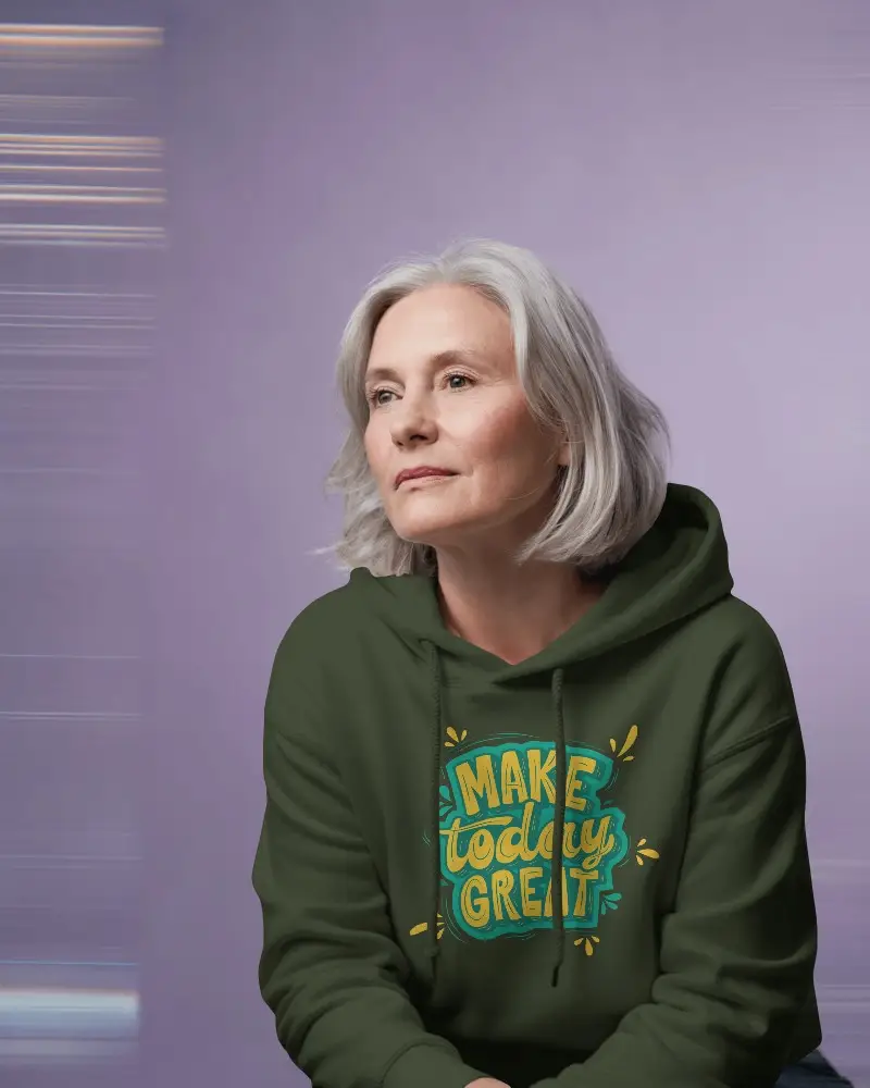 Stylish White Hoodie On Mature Model With Modern Gray Hairstyle