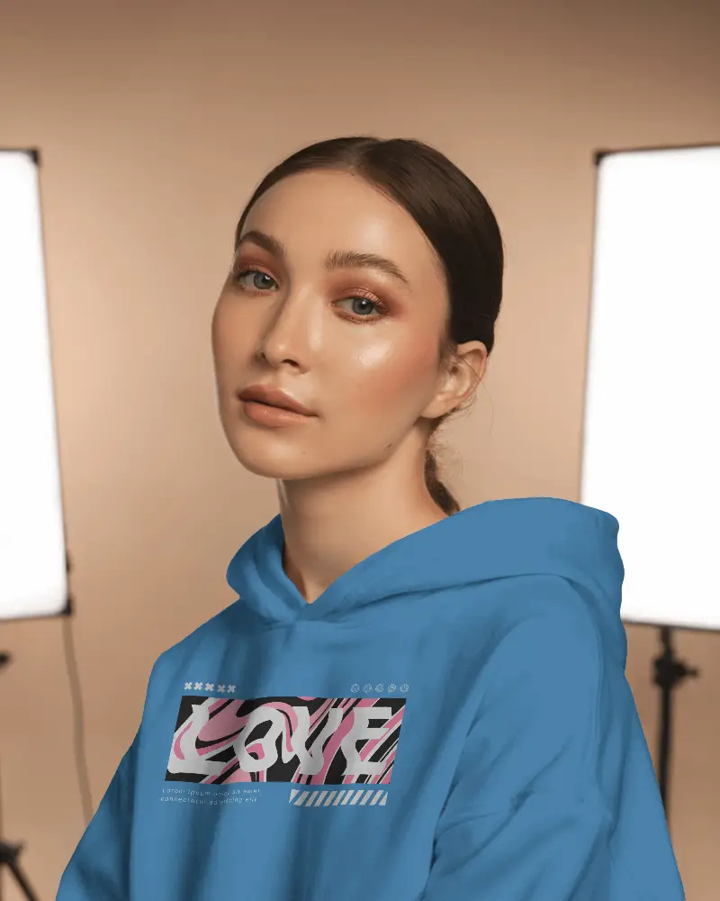 Studio Photo Session Hoodie Mockup With Calm Expression Model