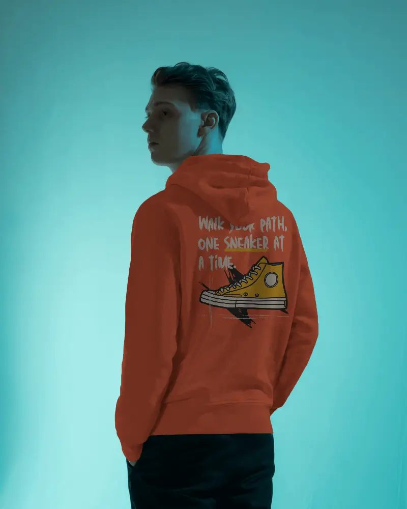 Back View Hoodie Mockup With Male Model In Teal Gradient Light