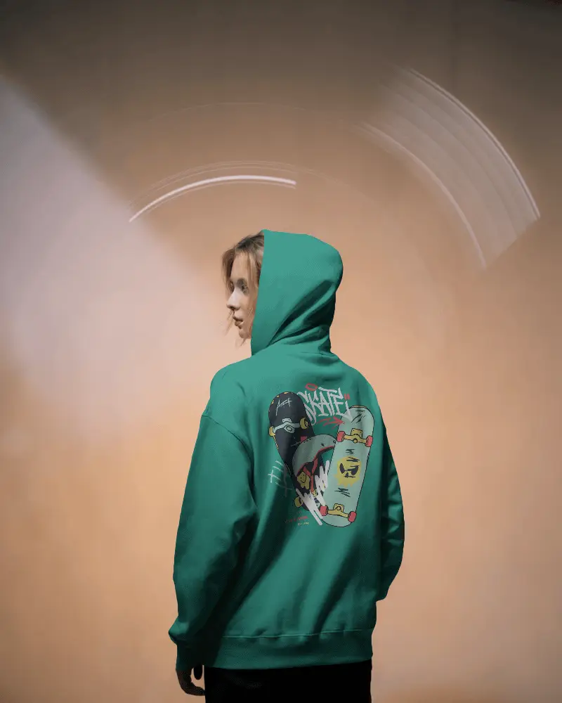 Hoodie Design Showcase With Woman Facing Away In Studio Glow
