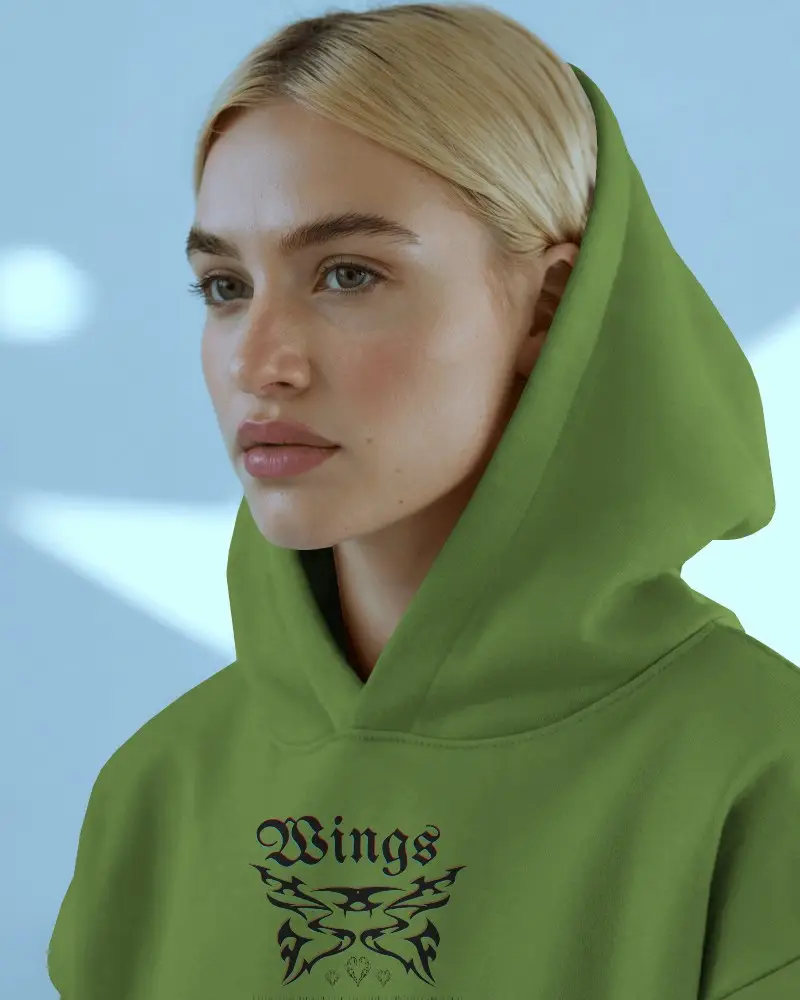 Close Up Hoodie Mockup Blonde Female Model Wearing Light Grey Hoodie In Soft Blue Background Modern Lighting Scene 0703