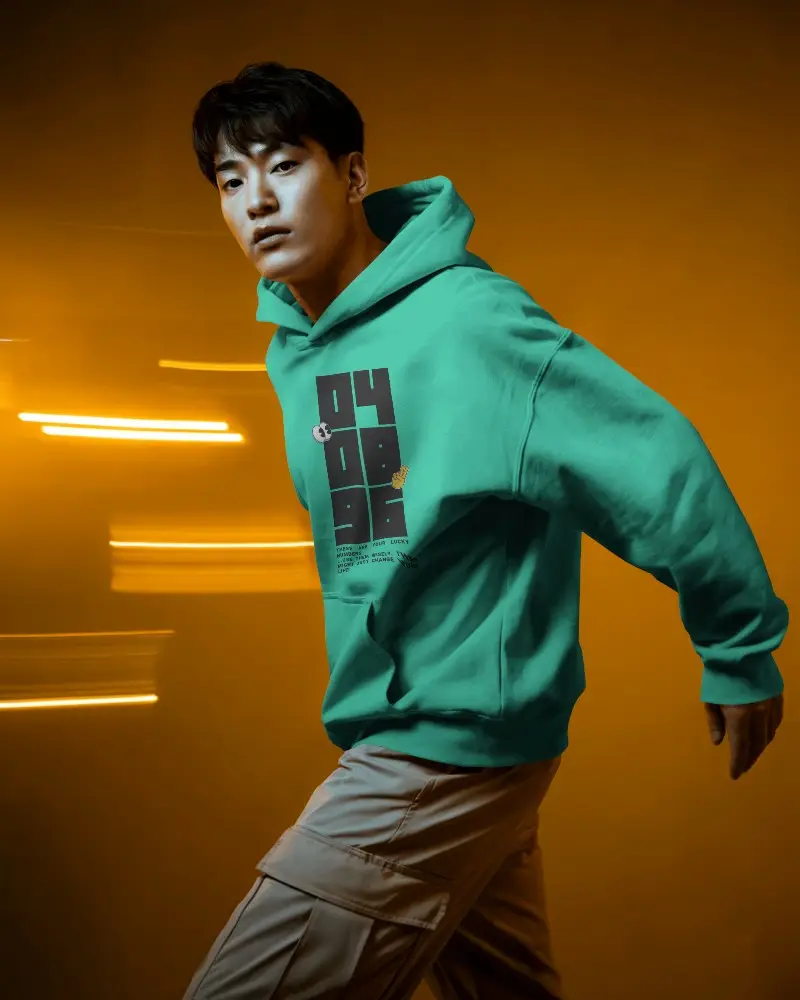 Motion Action Hoodie Mockup Male Model In White Hoodie Running Pose With Orange Light Streaks Dramatic Backdrop 0705