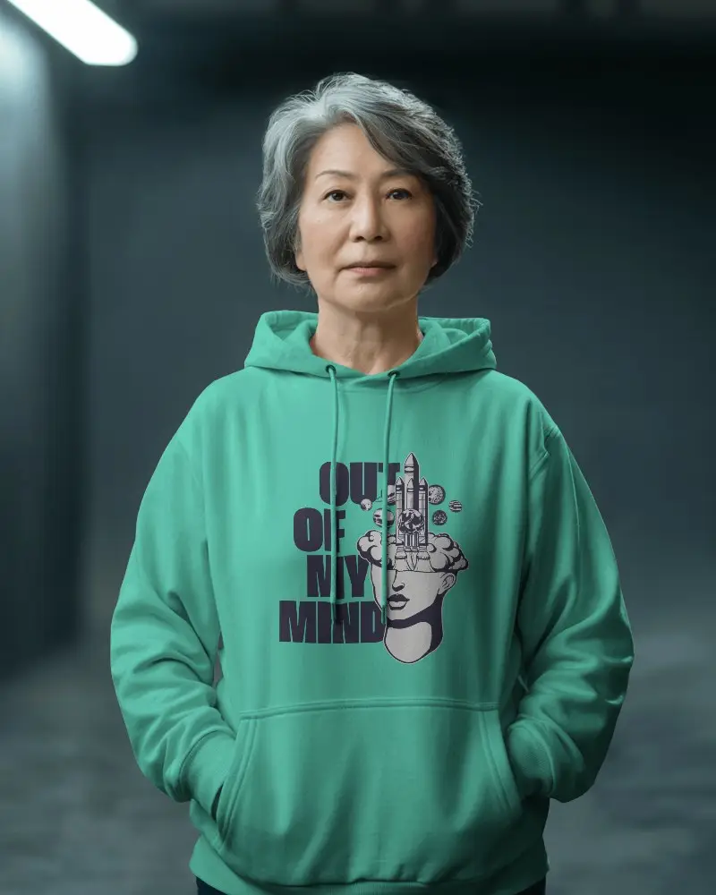 Studio Portrait White Hoodie Mockup Senior Asian Woman Facing Forward In Dark Background With Soft Top Lighting 0709