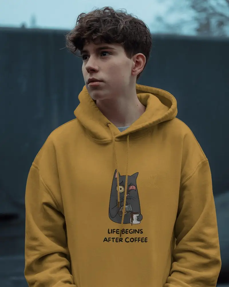 Overcast Outdoor Hoodie Mockup Teen Male Model Wearing White Hoodie In Moody Blue Background Natural Light 0710