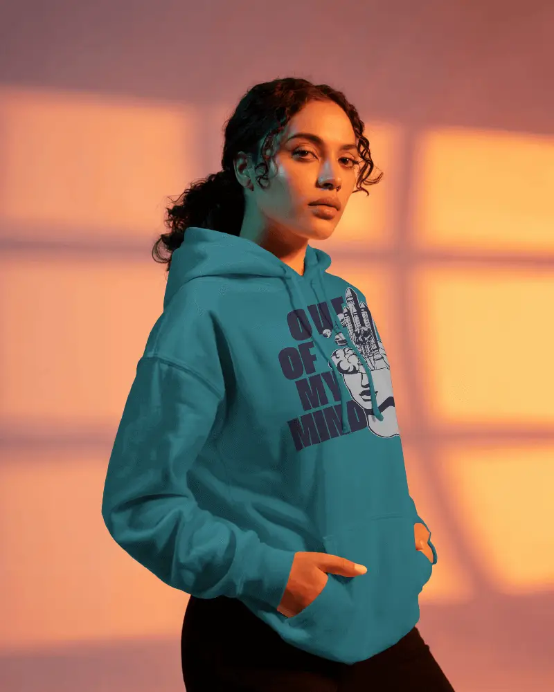 Dramatic Orange Windowlight Hoodie Mockup Female Model Standing