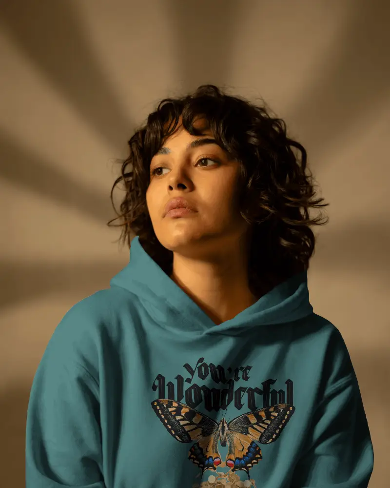 Unburst Shadow Hoodie Mockup Female Model In Studio Light