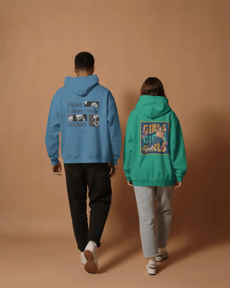 Couple Wearing White Hoodies Backside Mockup Minimal Studio Scene