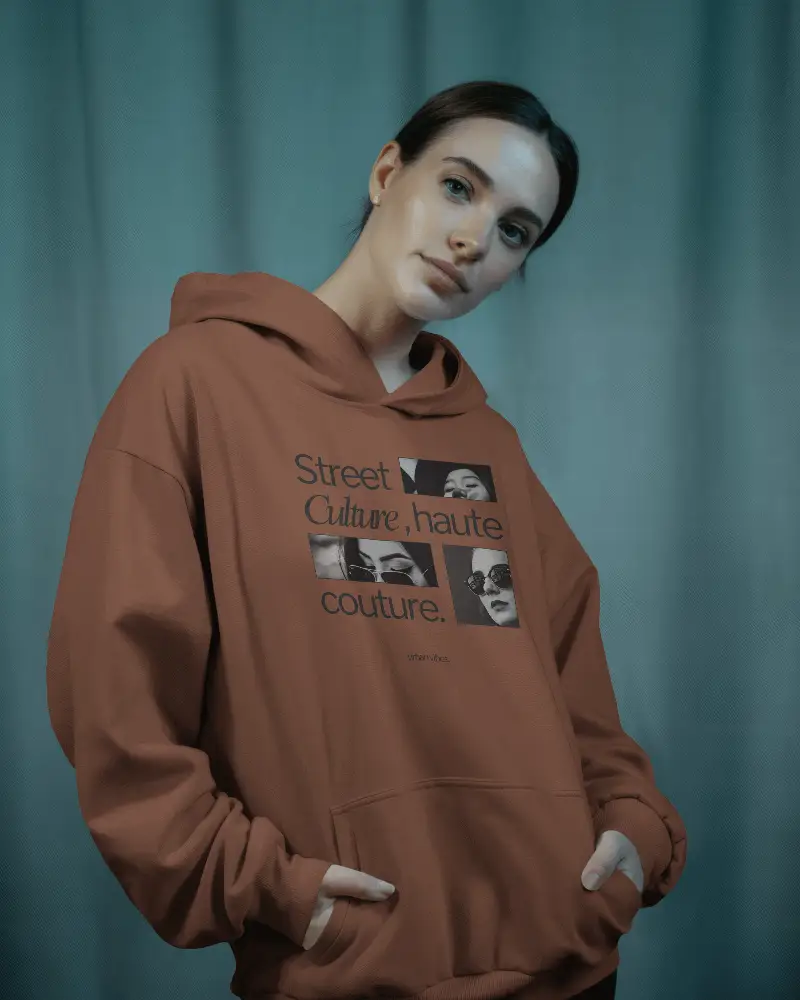 Soft Shadow Hoodie Template Confident Woman Pose In Aqua Toned Backdrop