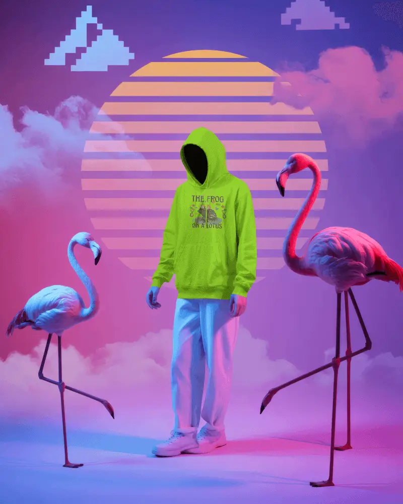 Pixel Art Skyline Hoodie Template With Clouds Flamingos And Soft Light