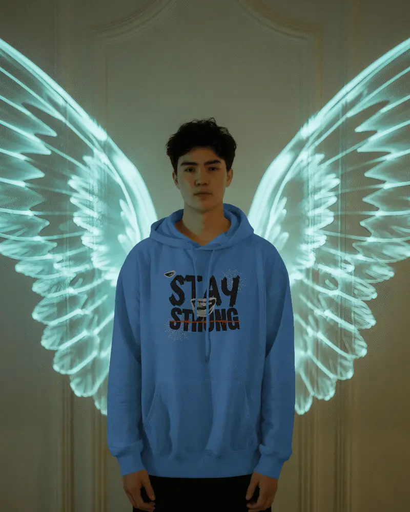 Glowing Angel Wing Background Hoodie Template On Young Man