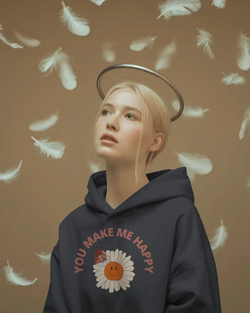 Angelic Vibe Hoodie Template With Floating Feathers And Halo