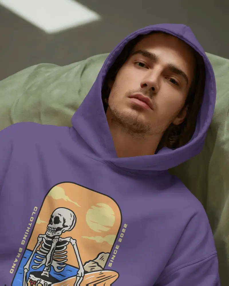 Casual Hoodie Mockup Young Man Wearing Hooded Hoodie In Laid Pose Modern Studio Setting