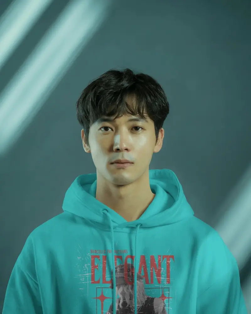 Studio Lit Hoodie Mockup Male Model Facing Forward With Soft Gradient Background And Subtle Light Streaks