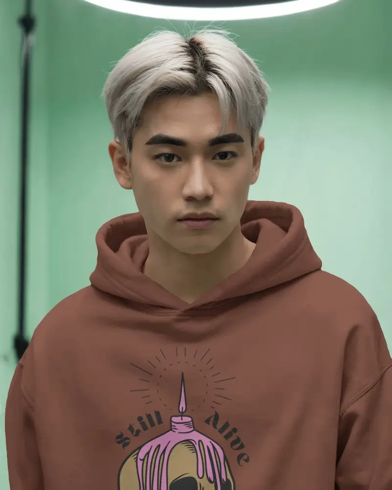 Modern Studio Hoodie Mockup Male Model In Hoodie Against Pastel Green Background With Overhead Light