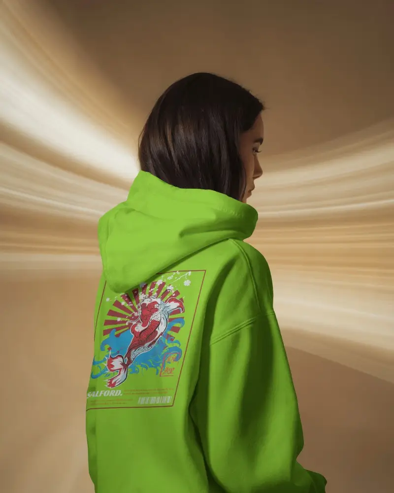 Minimalist Studio Hoodie Mockup Back View Of Woman With Warm Toned Motion Blur Backdrop