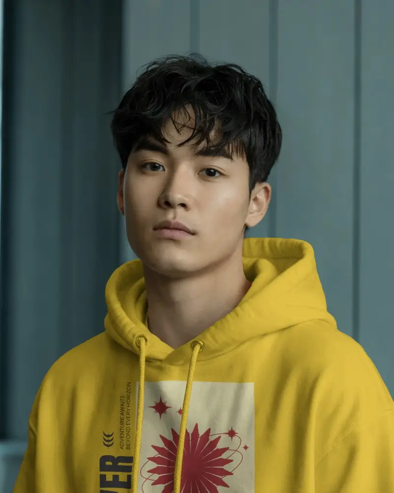 Portrait Style Hoodie Mockup Casual Male Model In Soft Studio Lighting With Muted Tones