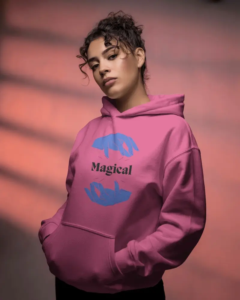 Confident Pose Hoodie Mockup Woman In Casualwear With Hands In Pocket Under Moody Light