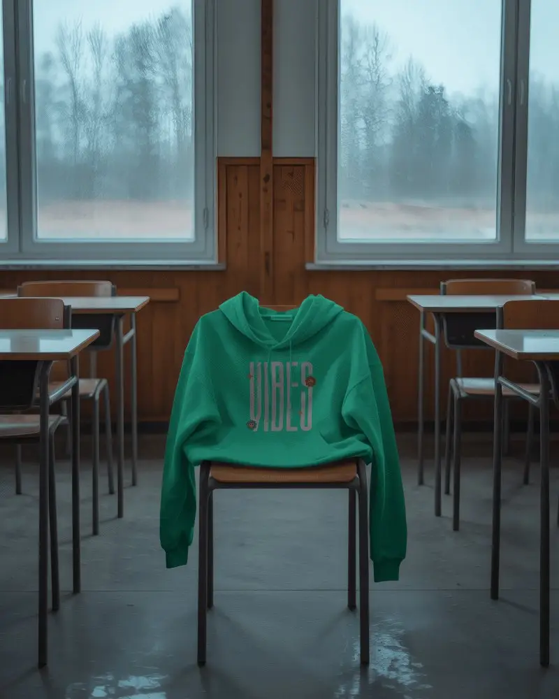 Foggy Classroom Hoodie Mockup White Hoodie On Chair In Empty Room With Wet Windows 0778